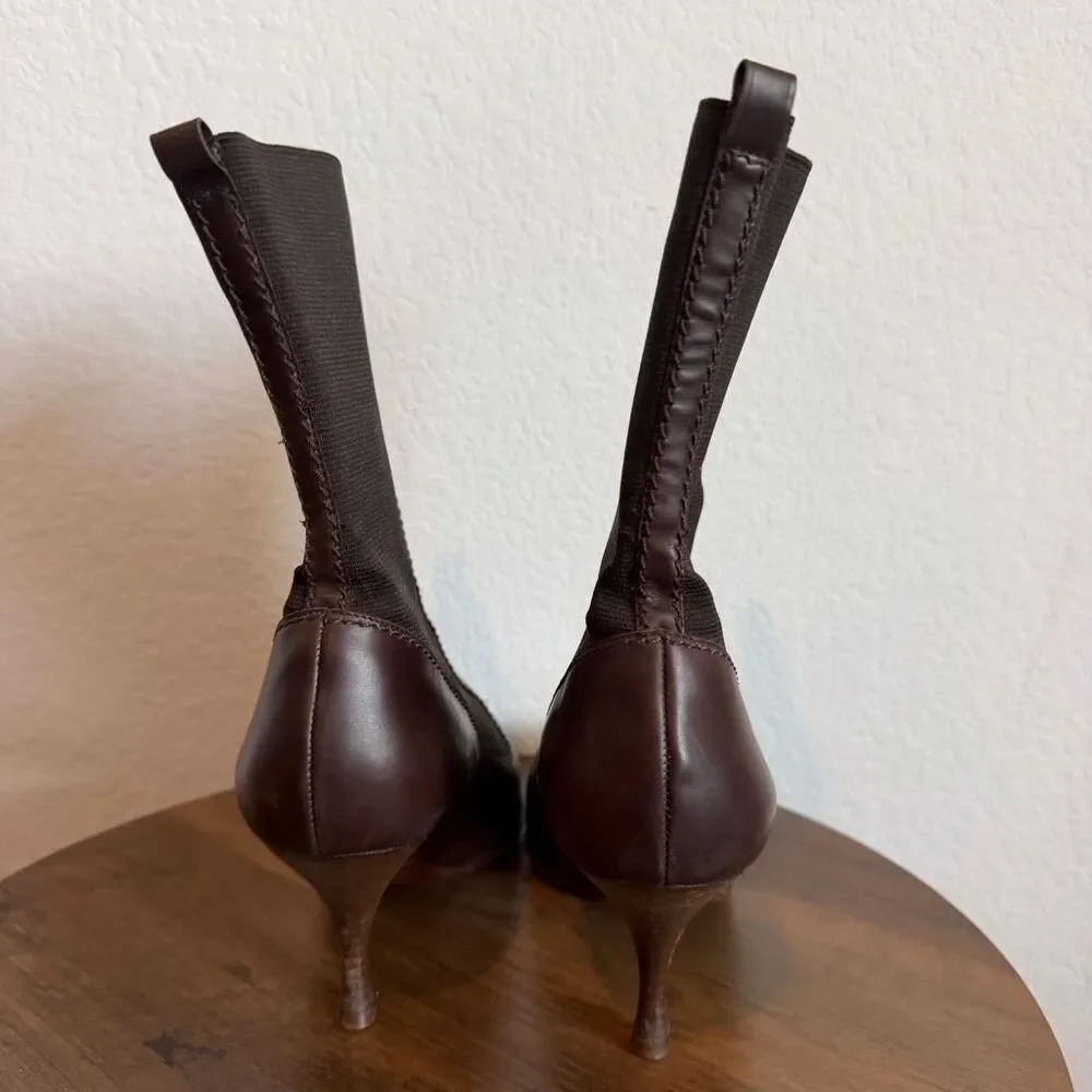 Yves Saint Laurent Brown Leather Pull-On Heeled Sock Bootie Women's Size 39 US 9